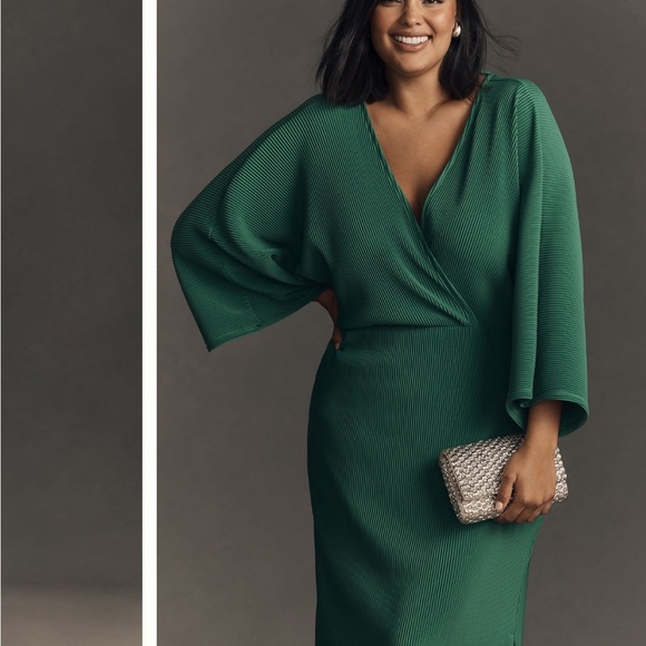 💚 By anthropologie plisse v-neck wrap midi dress dark green pleated 1X PREOWN - Picture 12 of 17